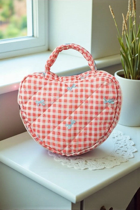Gianna Heart Shaped Bags, Coral Gingham with Bows