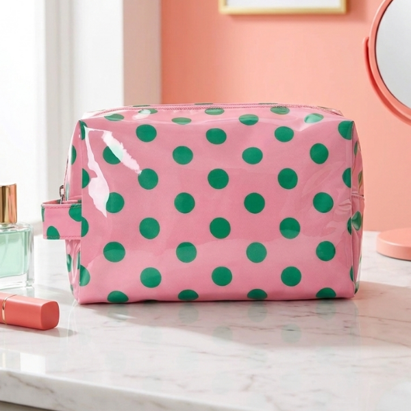 Polka Dot Cosmetic Bag, Pink w/Green