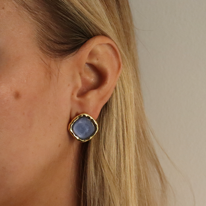 Earrings, Bezel Gem Studs, Soft Denim Blue