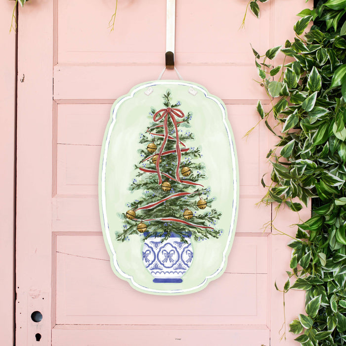 Door Hanger, Christmas Tree in Blue Chinoiserie Planter