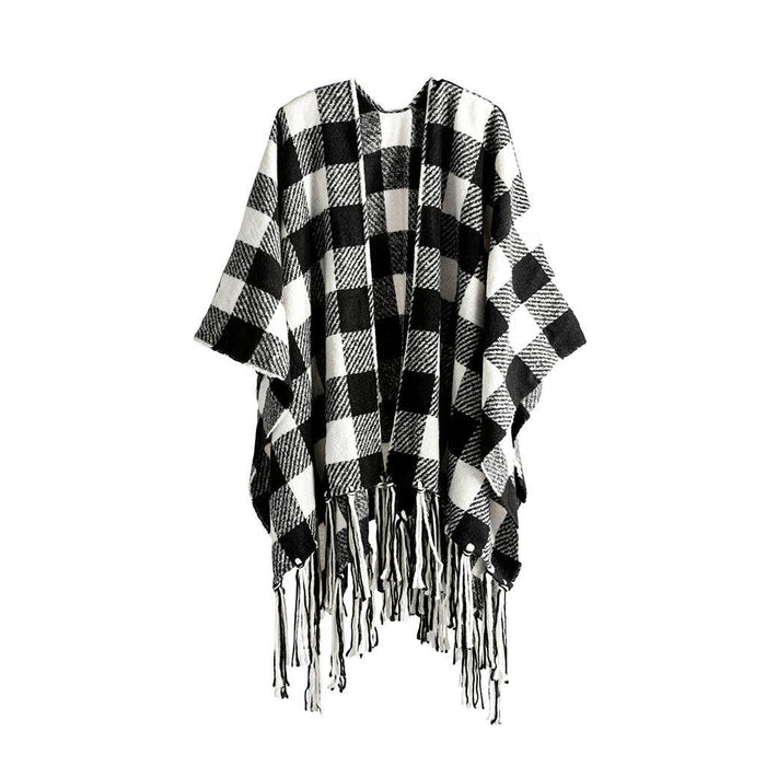 BELTRAN PLAID CAPE, BLACK AND WHITE