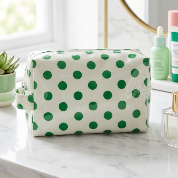 Polka Dot Cosmetic Bag, White w/Green
