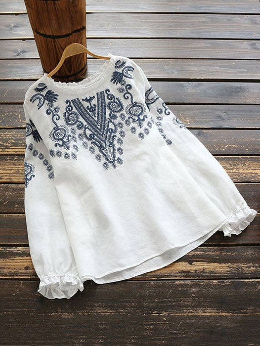 Blouse, Embroidered Detail Long Sleeved, White