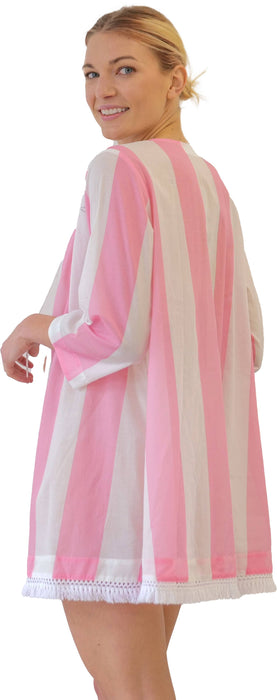 Tunic/Coverup with Fringe- Stripe Pink