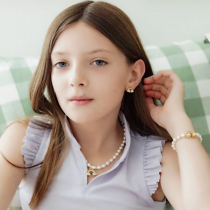Madeleine Rainbow & Daisy Children's Stud Earrings in Worn Gold