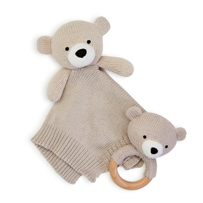 Knitted Baby Bear Snuggle and Rattle Set