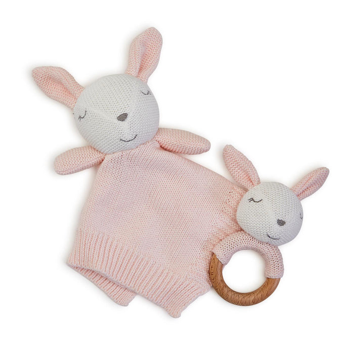 Knitted Baby Bunny Snuggle and Rattle Set