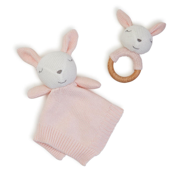 Knitted Baby Bunny Snuggle and Rattle Set