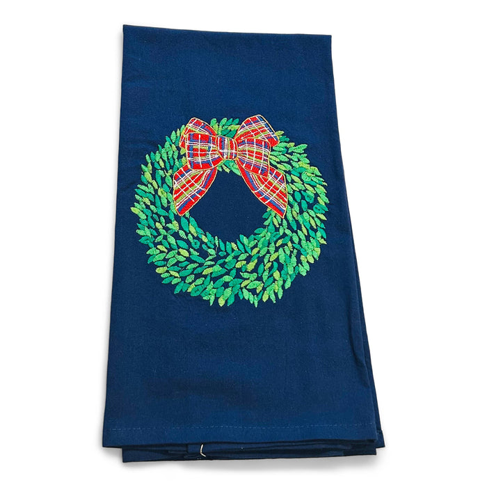 Towel - Boxwood Wreath with Red Bow on navy
