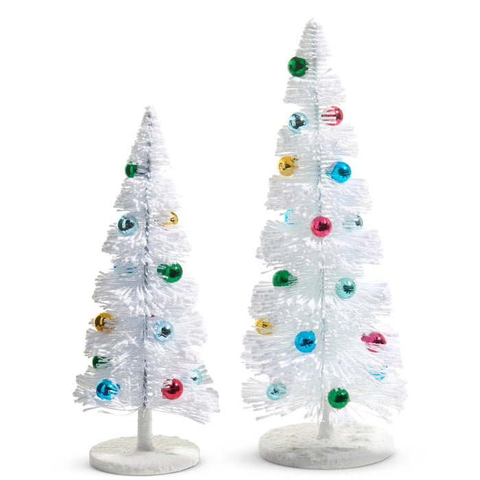 White Bottle Brush Tree with Bright Ornaments, 2 Sizes
