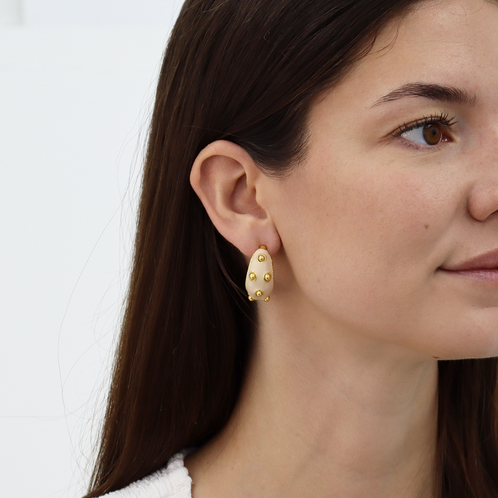 Earrings, Dots Hoop Earrings Beige Enamel