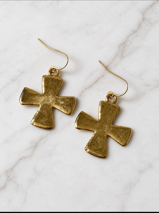 Rustic Gold Square Cross Dangle Earrings