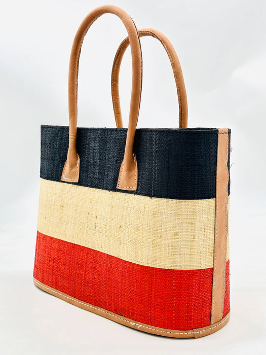 Santorini Color Block Straw Basket Bag: Black & Coral