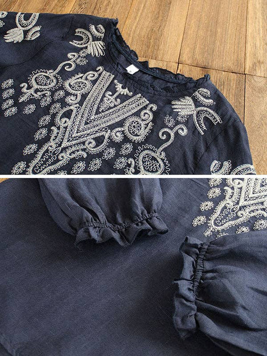 Blouse, Embroidered Detail Long Sleeved, Navy
