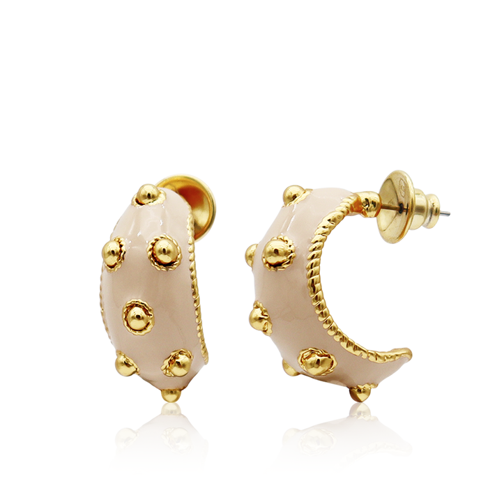 Earrings, Dots Hoop Earrings Beige Enamel