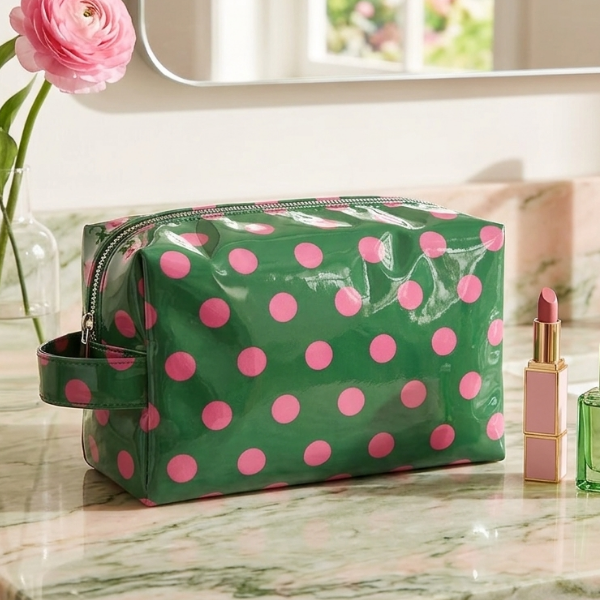 Polka Dot Cosmetic Bag, Green w/Pink