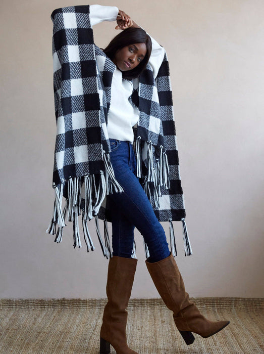 BELTRAN PLAID CAPE, BLACK AND WHITE