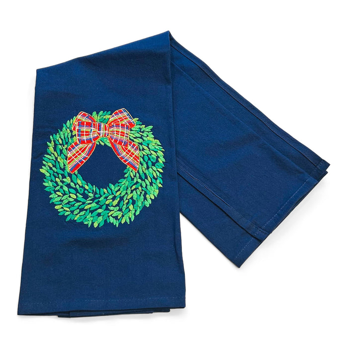 Towel - Boxwood Wreath with Red Bow on navy