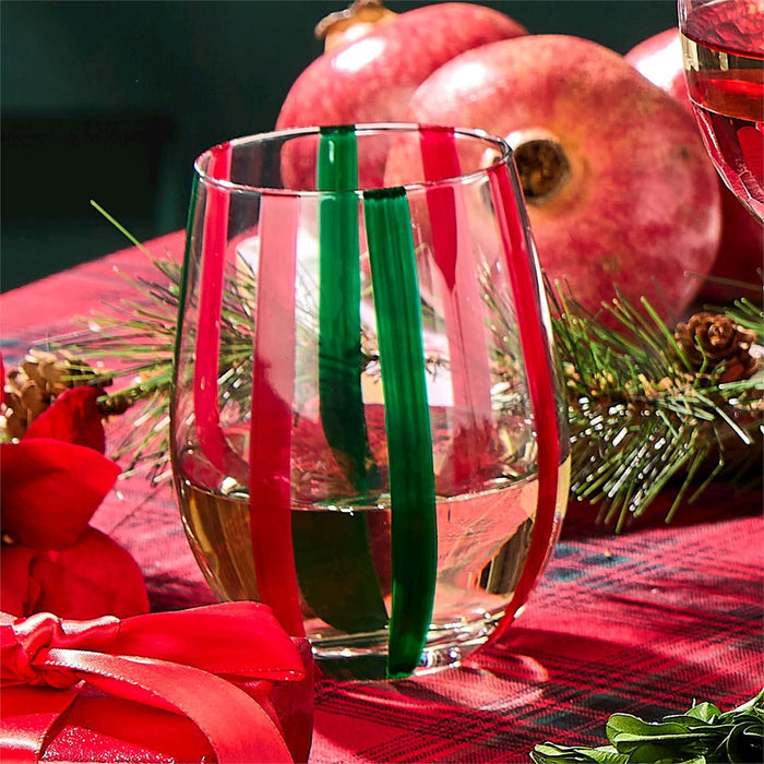 Stemless Wine Glass, Red & Green Stripes