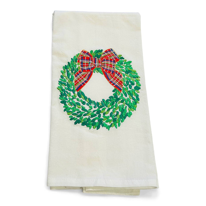 Towel - Boxwood Wreath with Red Bow on white