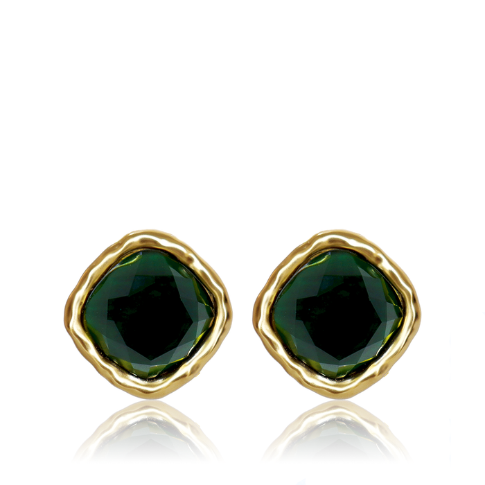 Earrings, Bezel Gem Studs, Emerald Green
