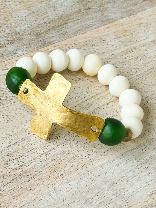 Rustic Gold Cross, Bone and Glass Bead Stretch Bracelet
