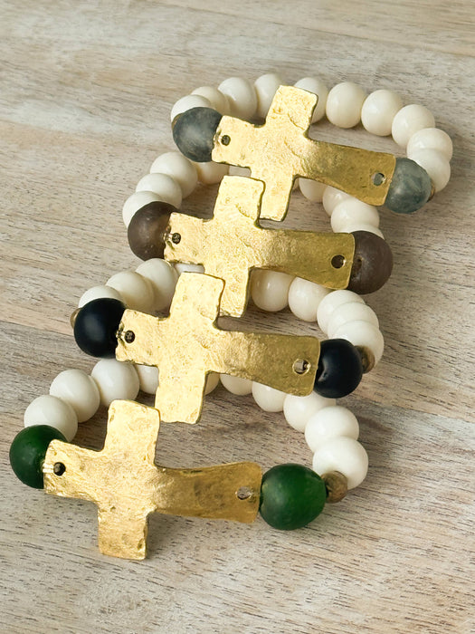Rustic Gold Cross, Bone and Glass Bead Stretch Bracelet