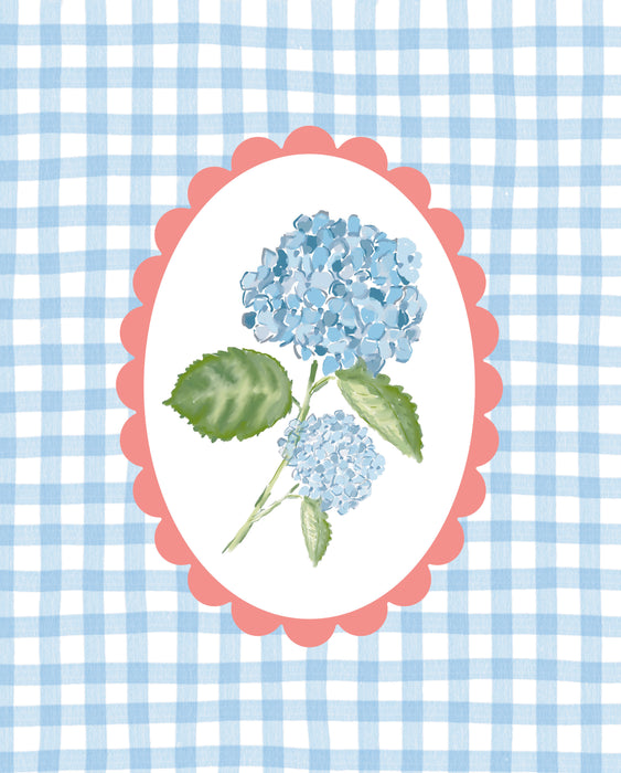 Art Print, Single Hydrangea, Blue Check