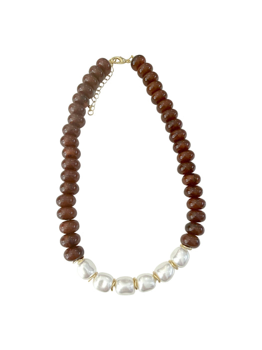 Brynlee Chunky Beaded Necklace with Pearl Accents - Brown