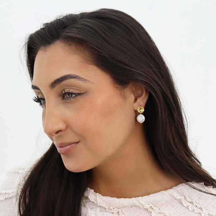 Earrings, Elegant Coin Studs with Flat Pearl Drop