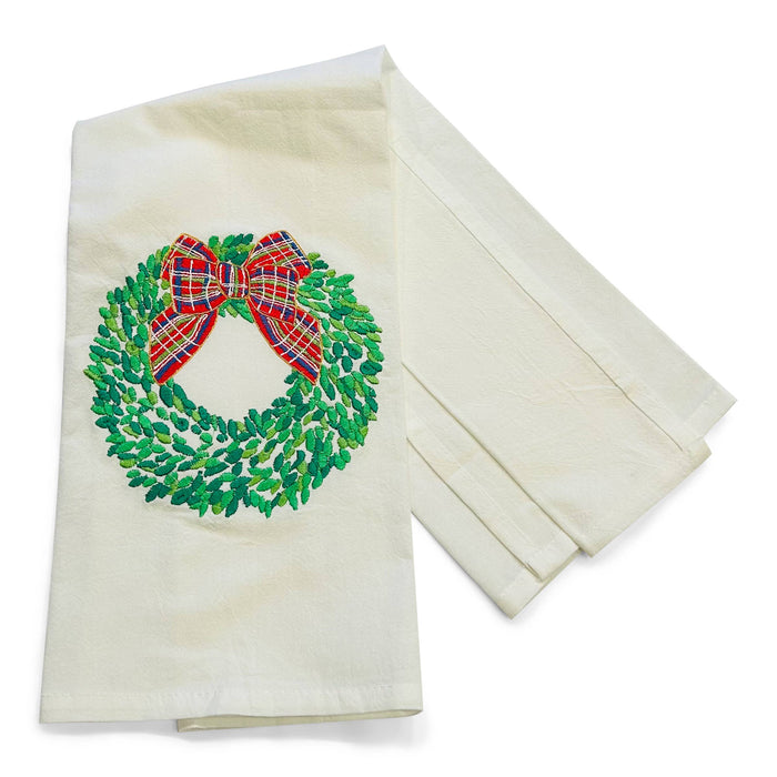 Towel - Boxwood Wreath with Red Bow on white