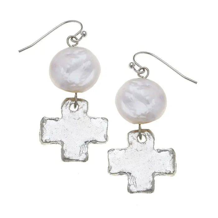 Earrings, Handcast Silver Cross with Pearl