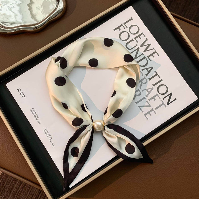 Magnetic Pearl Neck Scarf, White w/Black Dots