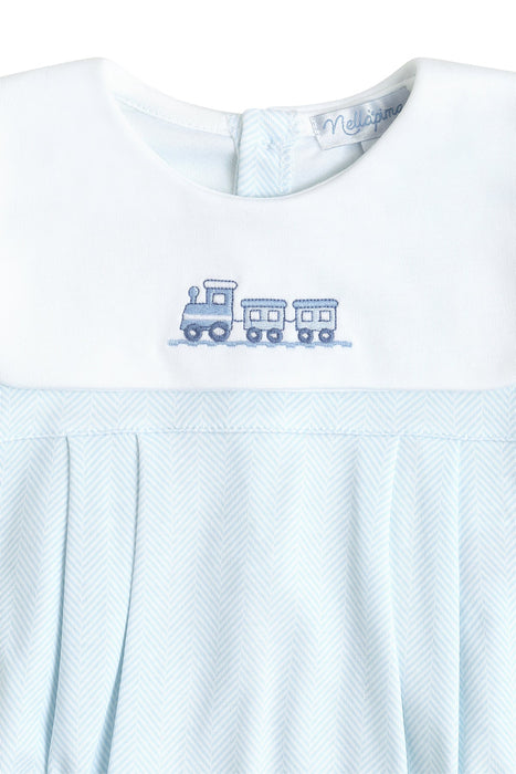 Blue Herringbone Playsuit w/Train Embroidery