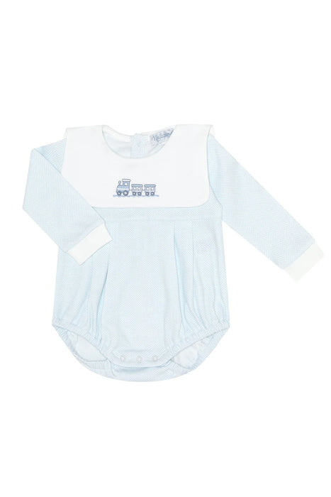 Blue Herringbone Bubble w/Train Embroidery