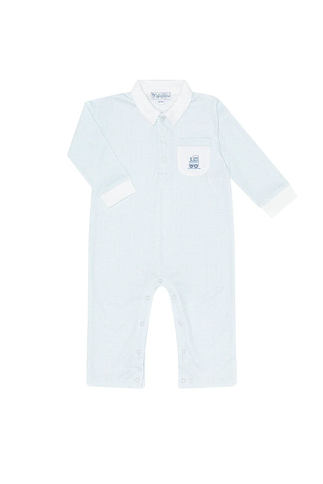 Blue Herringbone Playsuit w/Train Embroidery