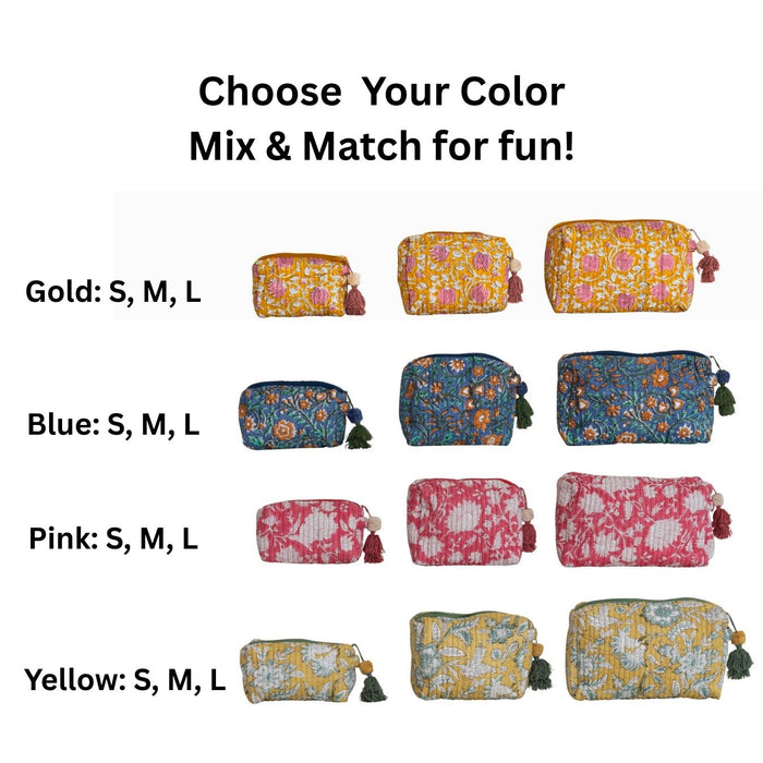Quilted Cotton Zip Pouch, 3 Sizes, 4 Colors