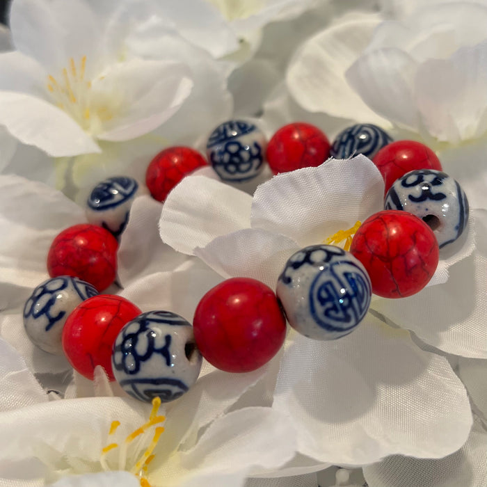Bracelet, Red Turquoise with Chinoiserie Beads