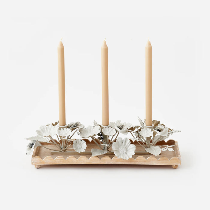 White Floral Tray Taper Candle Holder
