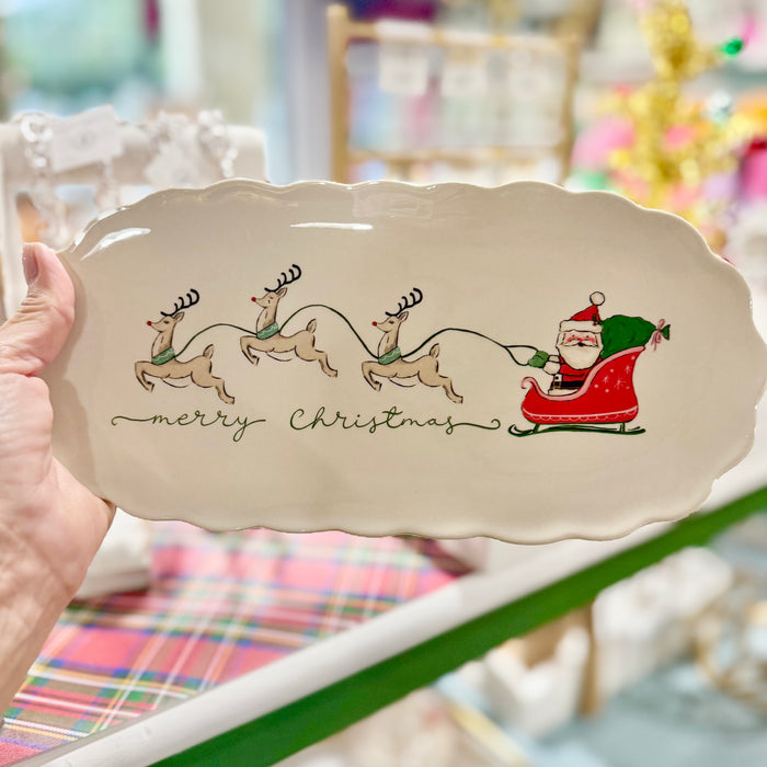 Stoneware Scalloped Platter with Santa's Sleigh & Reindeer