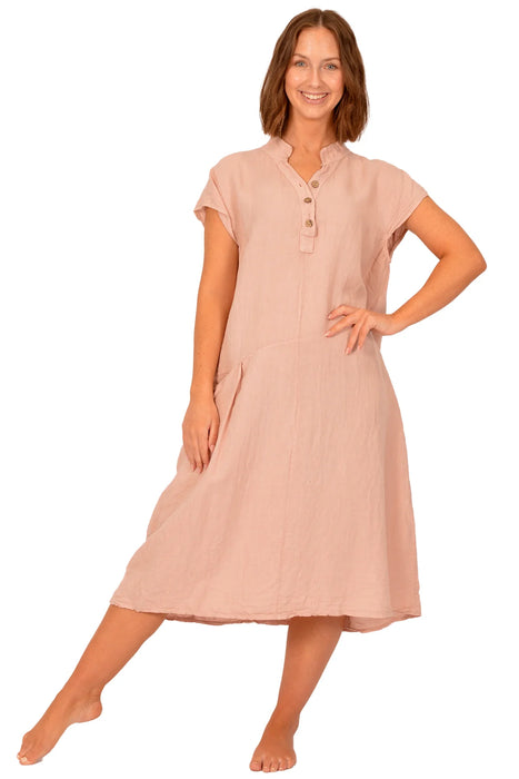Mandarin Collar Linen Dress, Blush Pink
