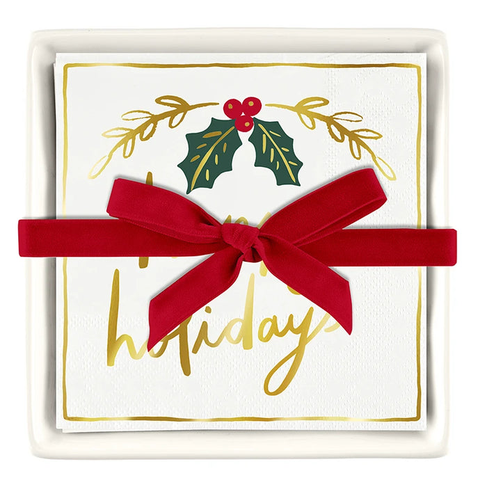 Ceramic Tray with Napkins, Happy Holidays