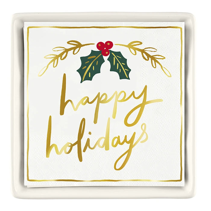 Ceramic Tray with Napkins, Happy Holidays