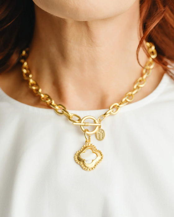 Necklace, Gold Clover with Mother of Pearl