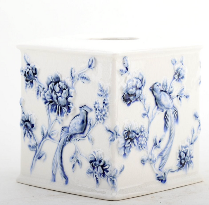 Tissue Box, Embossed Bird, Blue and White Crackle