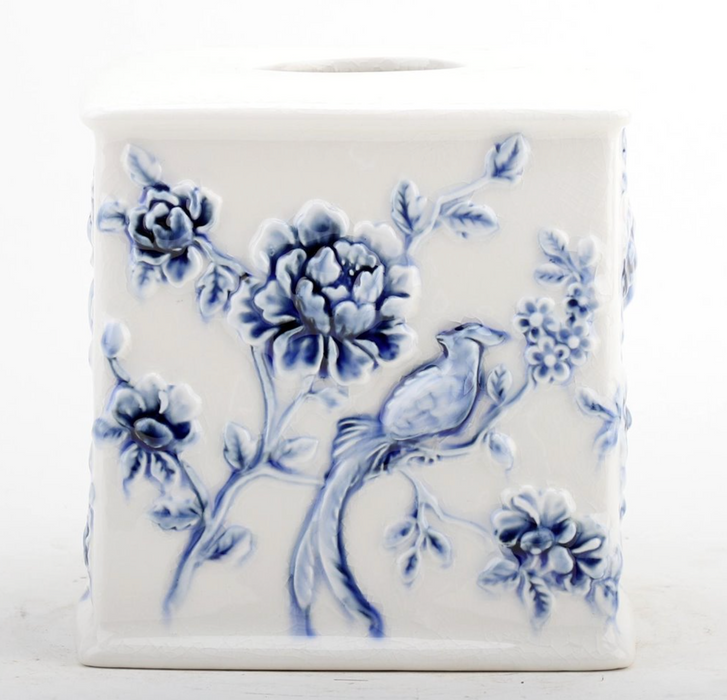 Tissue Box, Embossed Bird, Blue and White Crackle
