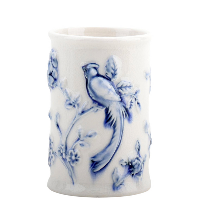 Porcelain Cup, Embossed Bird, Blue and White Crackle