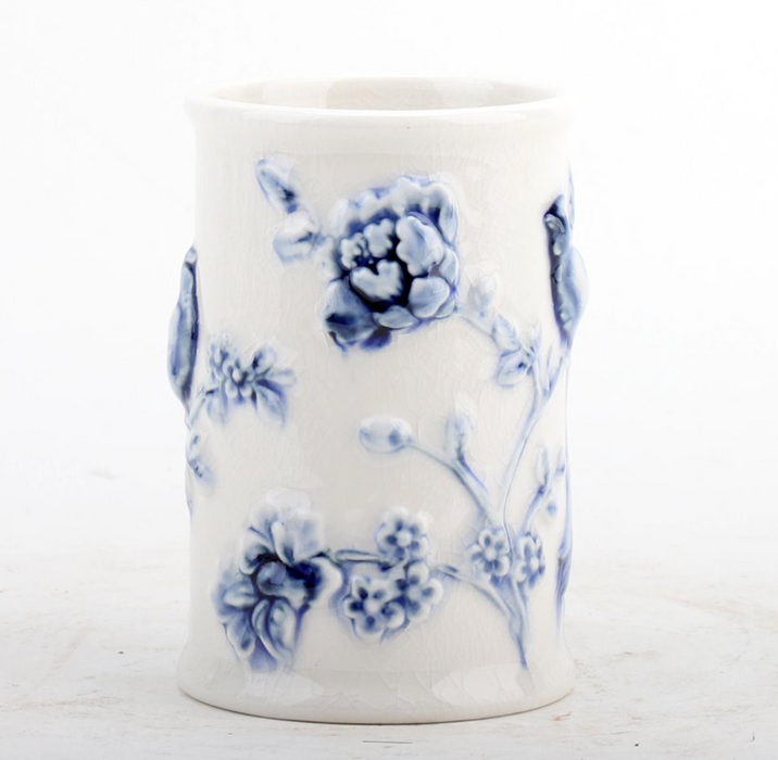 Porcelain Cup, Embossed Bird, Blue and White Crackle
