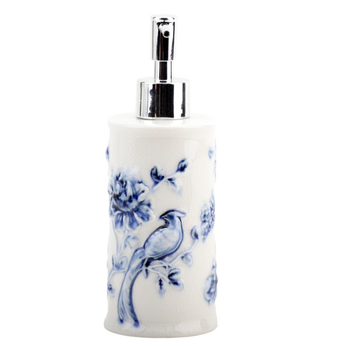 Soap Dispenser, Embossed Bird, Blue and White Crackle