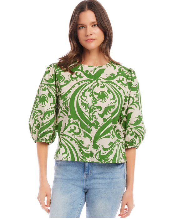 Button Front Top, Green Print